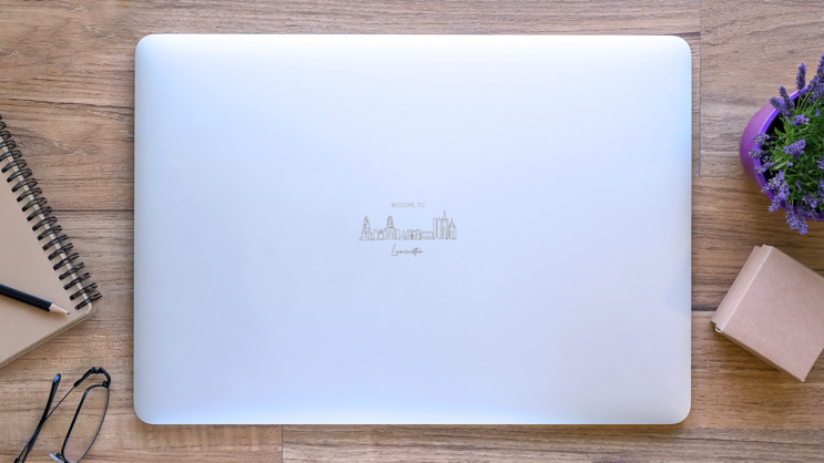 Line Drawing Lancaster England City Skyline Sticker on a Laptop (New) example