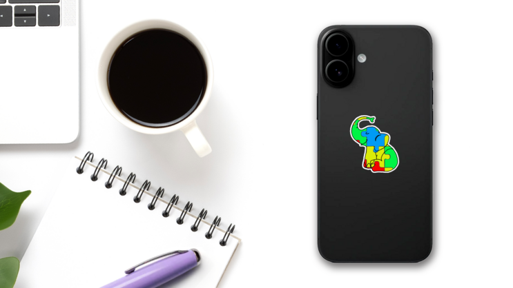 Little Autism Awareness Elephant Puzzle Sticker on a Phone (New) example