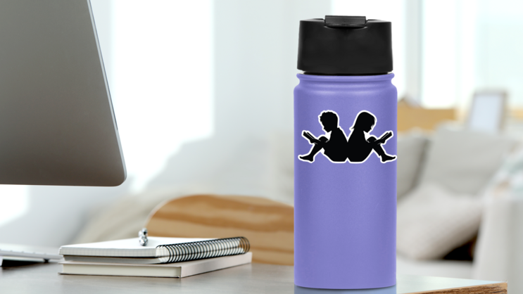 Little Boy And Girl Study Read Book Silhouette Sticker on a Water Bottle (New) example