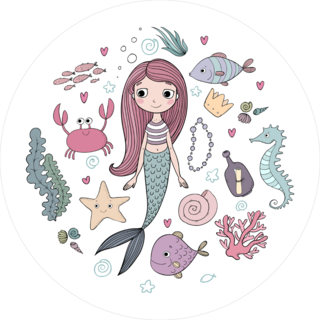Little Cute Cartoon Mermaid With Sea Creatures Sticker