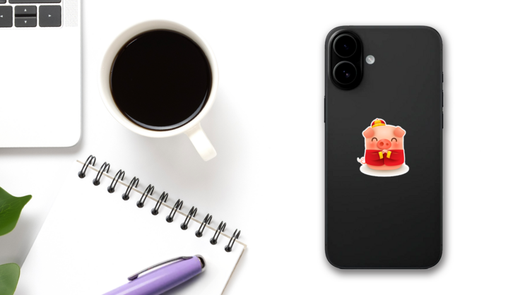 Little Pig With Traditional Chinese Costume Sticker on a Phone (New) example