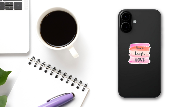 Live Laugh Love Watercolor Background Sticker on a Phone (New) example