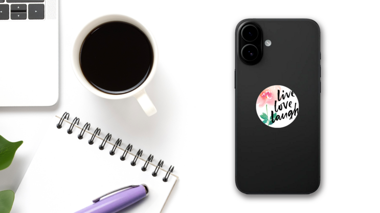 Live, Love, Laugh, Ink Hand Lettering Floral Sticker on a Phone (New) example