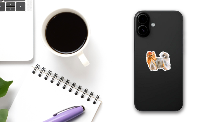Long Hair Yorkie Sticker on a Phone (New) example