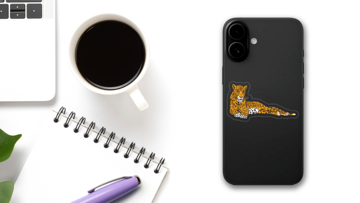 Lounging Leopard Mascot Sticker on a Phone (New) example