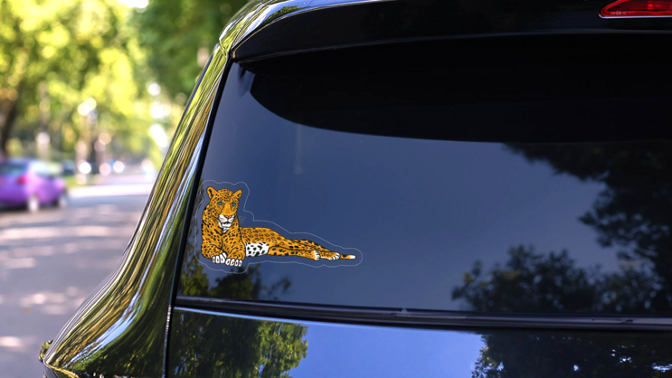 Lounging Leopard Mascot Sticker on a Rear Car Window (New) example