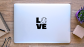 Love Baseball Sport Typography Sticker on a Laptop (New) example