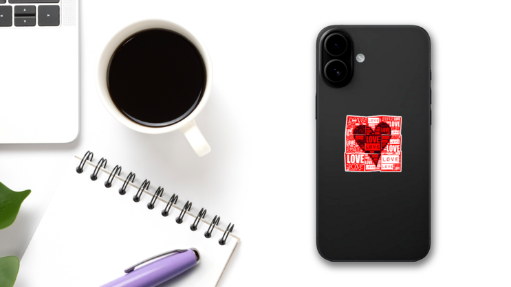 Love Heart With Lettering Graphic Sticker on a Phone (New) example