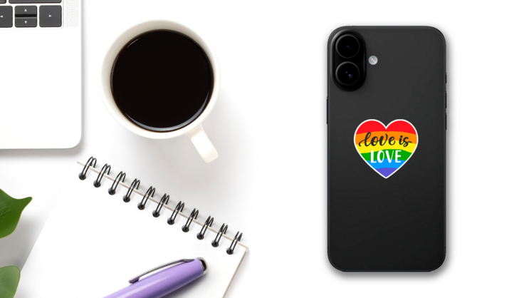 Love Is Love Rainbow Heart Sticker on a Phone (New) example