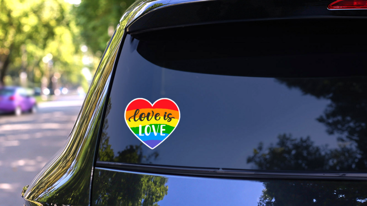 Love Is Love Rainbow Heart Sticker on a Rear Car Window (New) example