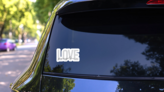 Love Pennsylvania Typography Sticker on a Rear Car Window (New) example