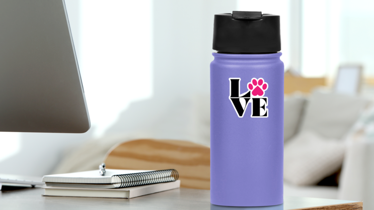 Love With Pet Paw Print Sticker on a Water Bottle (New) example