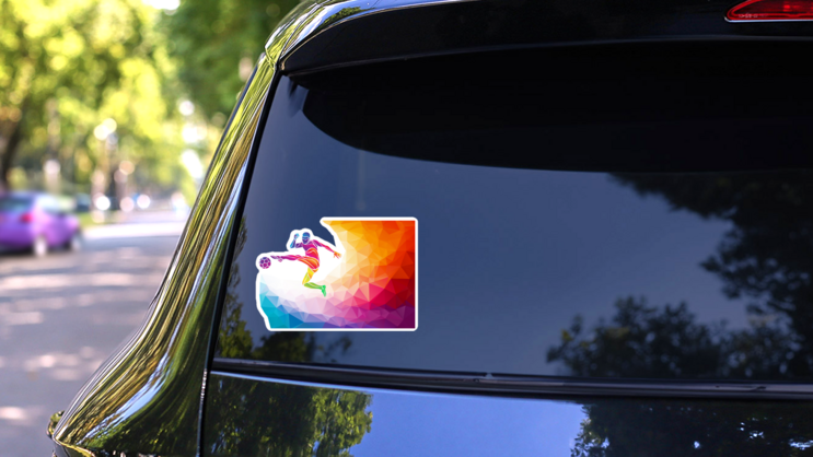 Low Poly Rainbow Wave Soccer Player Sticker on a Rear Car Window (New) example