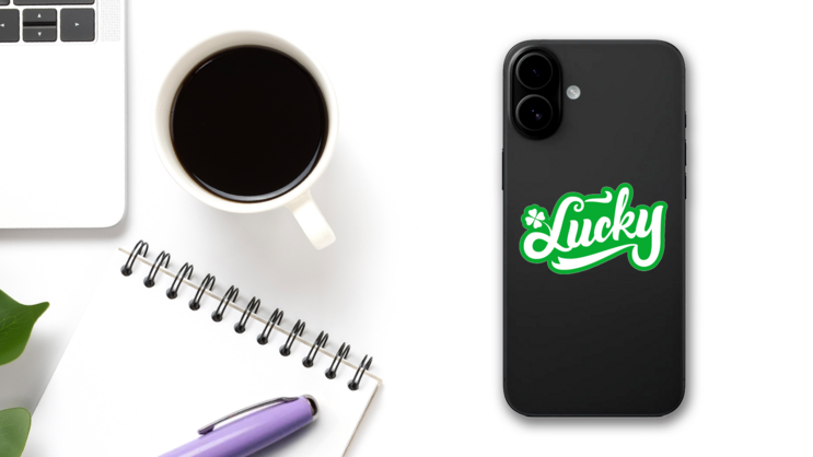 Lucky Text Shamrock Sticker on a Phone (New) example