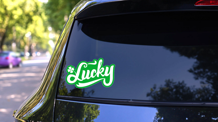 Lucky Text Shamrock Sticker on a Rear Car Window (New) example