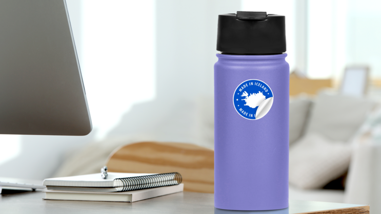 Made In Iceland Blue Sticker on a Water Bottle (New) example