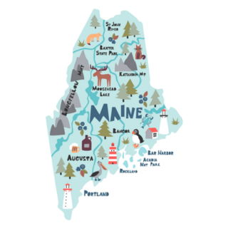 Maine Cartoon Illustration Travel Routes Landmarks Sticker