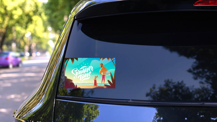 Man And Dog On Beach Sticker on a Rear Car Window (New) example