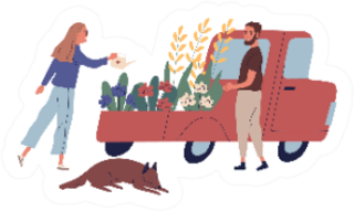 Man And Woman Gardeners Florists Selling Flowers From Van Sticker