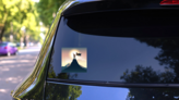 Man On Mountain Top Sticker on a Rear Car Window (New) example