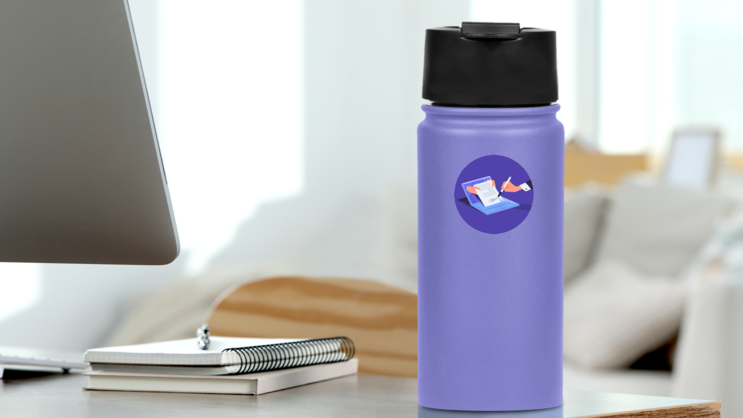Man Putting Signature Into Legal Document On Purple Sticker on a Water Bottle (New) example
