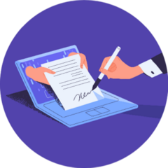 Man Putting Signature Into Legal Document On Purple Sticker