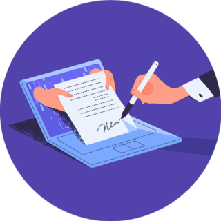 Man Putting Signature Into Legal Document On Purple Sticker