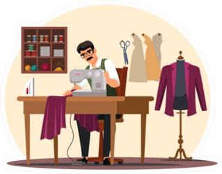 Man Tailor Sitting At Table And Sewing On Machine Cartoon Sticker