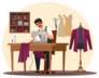 Man Tailor Sitting At Table And Sewing On Machine Cartoon Sticker
