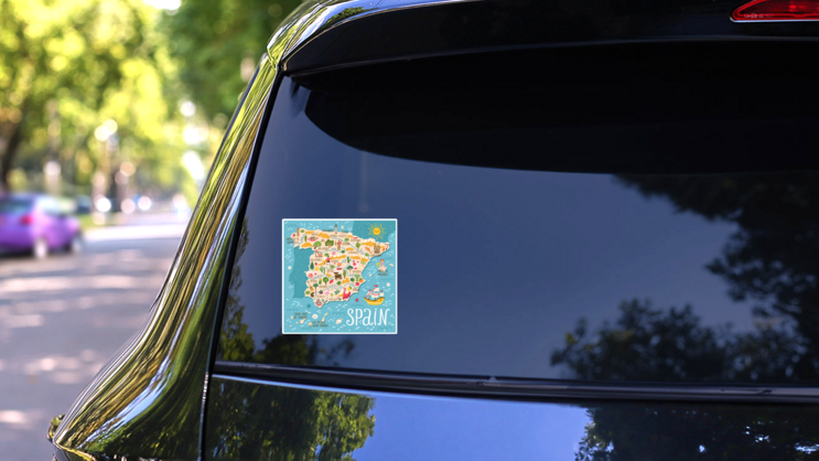 Map Of Spain With Landmarks, People, Food And Plants Sticker on a Rear Car Window (New) example