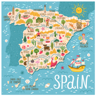 Map Of Spain With Landmarks, People, Food And Plants Sticker