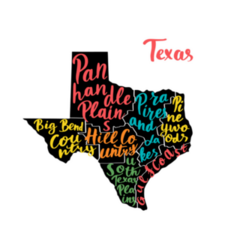 Map Of State Texas, Usa With Colorful Names Of Regions Sticker