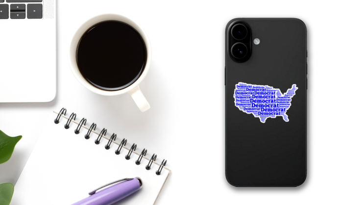 Map Of The United States Of America With The Word democrat Sticker on a Phone (New) example