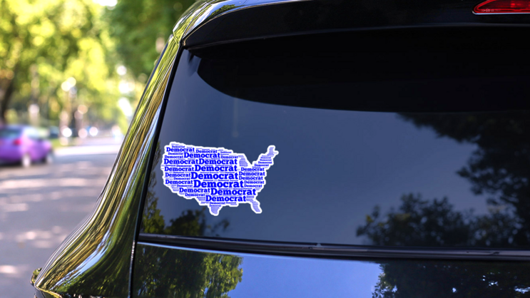 Map Of The United States Of America With The Word democrat Sticker on a Rear Car Window (New) example