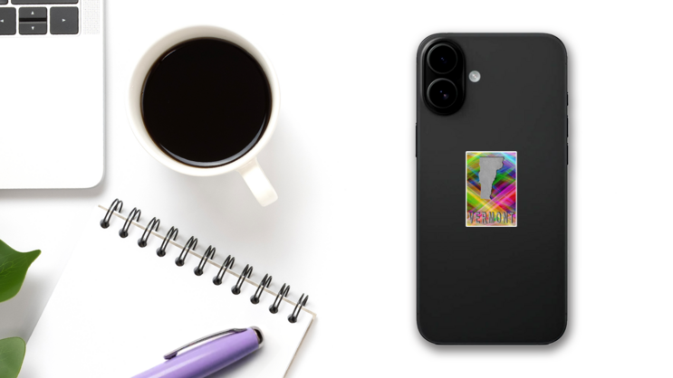 Map Of Vermont, Colorful Background Sticker on a Phone (New) example