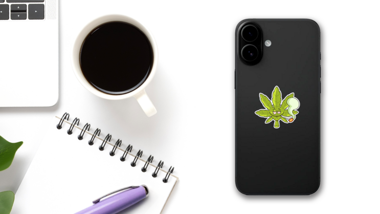 Marijuana Green Leaf Smoking A Joint Sticker on a Phone (New) example