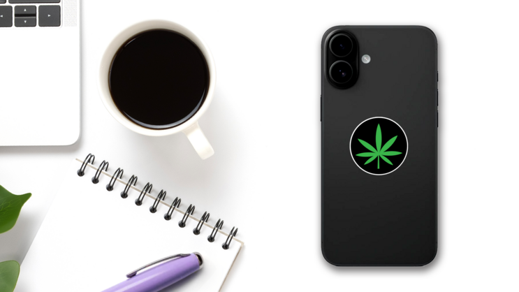 Marijuana Leaf Icon Sticker on a Phone (New) example