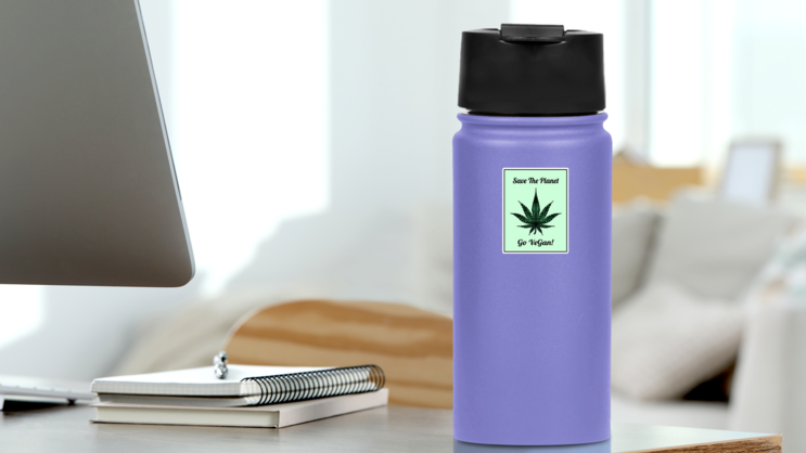 Marijuana Leaf, Save The Planet Go Vegan! Sticker on a Water Bottle (New) example