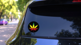 Marijuana Leaf With Rastafarian Colors Sticker on a Rear Car Window (New) example