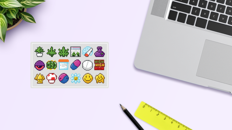 Marijuana Pixel Sticker Sheet on a Desk (New) example