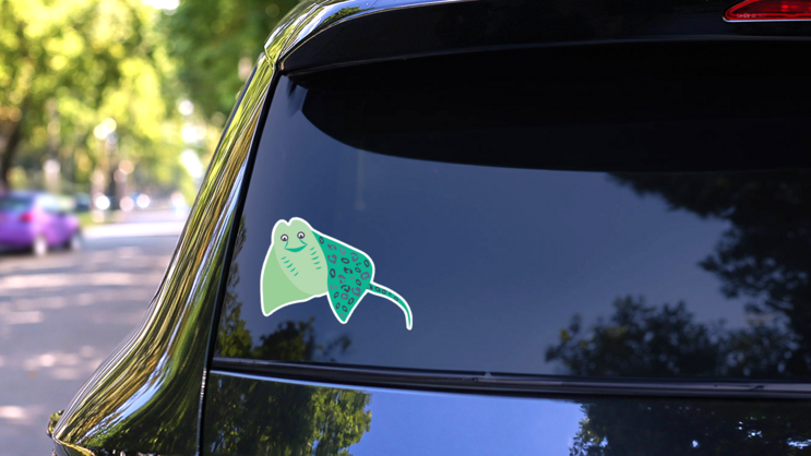 marine Green Big Stingray Cartoon Cheetah Print Sticker on a Rear Car Window (New) example