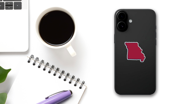 Maroon Missouri State Borders, Map Sticker on a Phone (New) example
