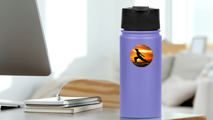 Martial Arts Fitness At Sunset Sticker on a Water Bottle (New) example