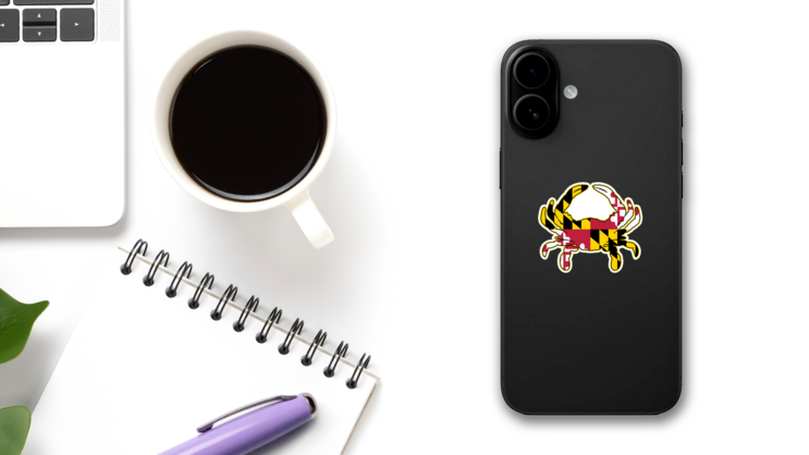 Maryland Flag Crab Illustration Sticker on a Phone (New) example
