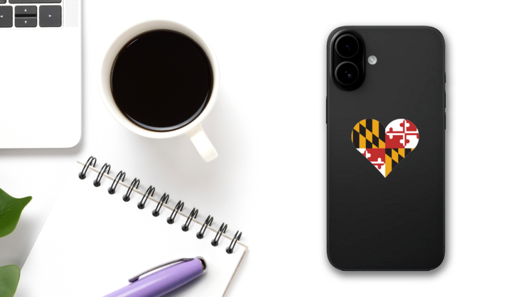 Maryland Heart Flag Sticker on a Phone (New) example