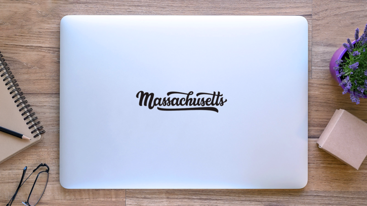 Massachusetts Calligraphy Sticker on a Laptop (New) example