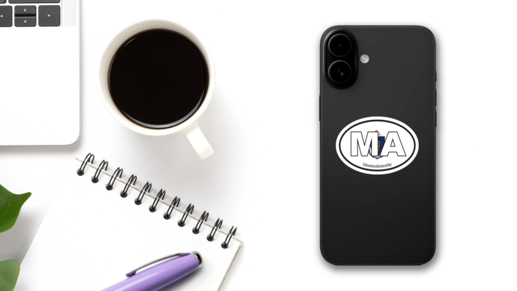 Massachusetts Ma State Flag Oval Sticker on a Phone (New) example