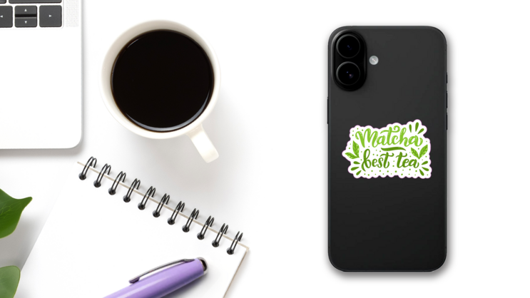 Matcha Green Tea Hand Drawn Lettering Sticker on a Phone (New) example