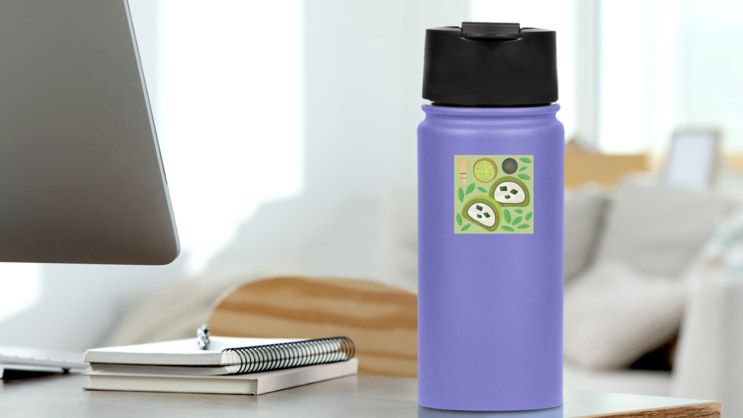 Matcha Roll Cake Leaves Sticker on a Water Bottle (New) example