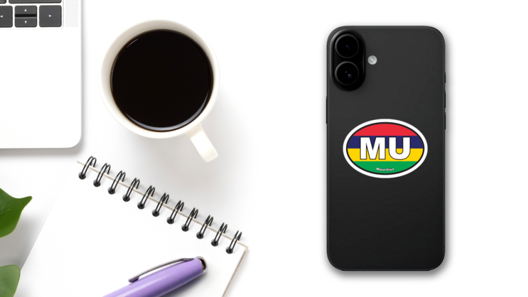 Mauritius Mu Flag Oval Sticker on a Phone (New) example